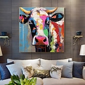 cheap Animal Paintings-Hand-painted Colorful Cow Painting on Canvas Palette Knife Heavy Textured Painting Square Wall POP Art Farmhouse Cattle Artwork Gift No Frame