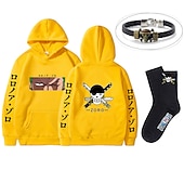 economico Magliette e felpe grafiche con cappuccio-set con roronoa zoro felpa oversize con cappuccio e bracciale in pu calzini 3 pezzi abiti one piece scimmia d. stampe grafiche anime rufy che stampano stile harajuku per uomo, donna, adulto, unisex,