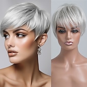 preiswerte Kappenlose Echthaarperücken-Echthaarmischung Perücke Kurz Glatt Natürlich gerade Pixie-Schnitt Seitenteil Stufenhaarschnitt Asymmetrischer Haarschnitt Weiß Braun Cosplay Lockenwickler &amp; Richtmaschine Natürlicher Haaransatz
