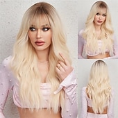 voordelige Synthetische trendy pruiken-zwarte pruik met pony voor vrouwen lang golvend haar pruik zwarte pruik krullend golvend synthetische pruiken voor meisjes dagelijks feestgebruik