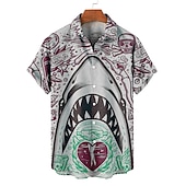 billige Ocean Print-Herre Hai Tropisk Skjorte Hawaii skjorte Aloha skjorte Kortermet Skjorte Aftæpning Fritid utendørs Gate Fritid / hverdag Rosa Rød Blå S M L