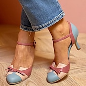 levne Šaty sandály-dámské retro dvoubarevné lodičky na vysokém podpatku – růžový a modrý pásek s mašlí, perfektní pro outfity inspirované vintage a neformální elegantní vzhled