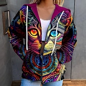 cheap Animals Tops-Women&#039;s Zipper Hoodie Sweatshirt Cat Casual Sports Drawstring Print Sportswear Funny Hooded Long Sleeve Top Micro-elastic Fall &amp; Winter Comfrt Breathable Soft Fabric
