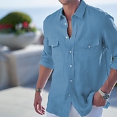 preiswerte Herrenhemd zum Knöpfen-Herren Hemd leinenhemd Hemd aus Baumwollleinen Knopfhemd Strandhemd Blau Dunkelblau Langarm Glatt Kargen Casual Täglich Vordertasche Bekleidung Modisch Komfortabel
