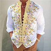 abordables Motif de plantes-Homme Floral Chemise Chemise boutonnée manche longue Décontractées Usage quotidien Sortie Fin de semaine Printemps été Col Mao Imprimer Bouton bas Jaune Rose Claire Bleu Violet