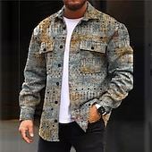 billiga skjortjacka för män-Herr Geometri Graffiti Etnisk Skjorta Skjorta jacka Övertröja Långärmad Mode Streetwear Designer Utomhus Ledigt Dagligen Höst vinter Nedvikt Mönster Blå Grå