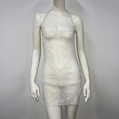 cheap Sexy Costumes-Metallic Sparkle Sexy Mini Dress Sheer Mesh Rhinestone Cover Up Disco Solid Color Women&#039;s Party Club Adults&#039; Dress Summer Spring