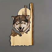 abordables Estatuas-Escultura colgante de pared artesanal tallada en animales, decoración pintada a mano de ciervo, oso mapache de madera, para la sala de estar del hogar