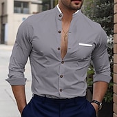 cheap Men&#039;s Oxford Shirts-Men&#039;s Shirt Band Collar Shirt Dress Shirt Button Up Shirt Oxford Shirt Color Block Office &amp; Career Wedding Party White Dark Blue Light Sky Blue Gray Long Sleeve Standing Collar Spring &amp;  Fall