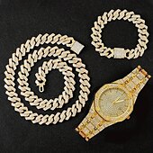 cheap Quartz Watches-3pcs/set HipHop Mens Rhinestone Watch &amp; Necklace &amp; Bracelet Set, Christmas Gift