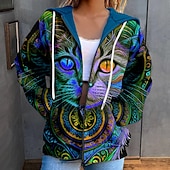 cheap Animals Tops-Women&#039;s Zipper Hoodie Sweatshirt Cat Casual Sports Drawstring Print Sportswear Funny Hooded Long Sleeve Top Micro-elastic Fall &amp; Winter Comfrt Breathable Soft Fabric
