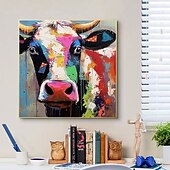 cheap Animal Paintings-Hand-painted Colorful Cow Painting on Canvas Palette Knife Heavy Textured Painting Square Wall POP Art Farmhouse Cattle Artwork Gift No Frame