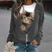 baratos Animais Tops-moletom feminino plus size, pulôver, gato, rua, casual, esportivo, básico, gola redonda, manga comprida, top microelástico, outono&amp;amp;tecido macio respirável e confortável para o inverno