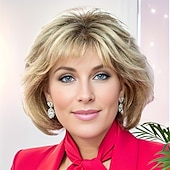 ieftine perucă mai veche-peruci scurte blonde cu breton pentru femei albe ombre blond mixt maro ondulat bob perucă sintetică stratificată cu aspect natural peruci de păr scurt pentru bătrâne peruci de petrecere de zi cu zi