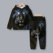 billige Guttens 3D Dyr-Gutt 3D Tiger Hettegenser og joggebuksesett Langermet 3D-utskrift Vår Høst Aktiv Mote Kul Barn 3-12 år Med hette utendørs Feriereise Gate Normal