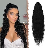 voordelige Paardenstaarten-lang krullend golvend trekkoord paardenstaart extensions clip in golvend synthetische haarstukken trekkoord paardenstaarten haarstuk paardenstaart extensie voor vrouwen asblond 26 inch