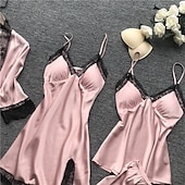cheap Women&#039;s Sleepwear-Women&#039;s Lace Satin Silk Pajamas Sets 4 Pcs Home Party Daily Elastic Waist Pure Color Satin Simple Casual Soft Strap Top Shorts Fall Winter Spring Strap Short Sleeves Long Sleeve Home Outfits