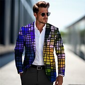 cheap Men&#039;s Printed Blazers-Men&#039;s Color Block Plaid / Check Gradient Ramp Long Sleeve Turndown Business Work Wear to work Going out Buttons Print Multi Pocket
