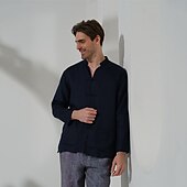 levne luxusní lněné košile-100% len Kapsy Pánské Košile plátěná košile Černá Bílá Námořnická modř Dlouhý rukáv Bez vzoru Stojáček Jaro &amp; podzim Venkovní Denní Oblečení