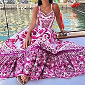 abordables Robes de vacances-robe décontractée pour femme imprimé plantes col carré robe longue robe maxi classique fête rendez-vous sans manches été printemps