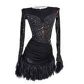 cheap Latin Dancewear-Dance Salsa Latin Dance Dress Tassel Pure Color Splicing Women&#039;s Performance Training Long Sleeve Mesh Stretch Yarn
