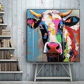 cheap Animal Paintings-Hand-painted Colorful Cow Painting on Canvas Palette Knife Heavy Textured Painting Square Wall POP Art Farmhouse Cattle Artwork Gift No Frame