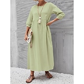 Недорогие Основные искусственные платья-Жен. Платье средней длины Искусственный хлопок и лен Платье прямого кроя Свободное платье Однотонный Классический На каждый день Отпуск Подарок Праздники Свободное облегание Рукав 3/4 Вырез под горло