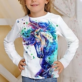 abordables Animaux 3D de Fille-Fille 3D Cheval Tee-shirts Chemises manche longue 3D effet Printemps Automne Actif Mode Le style mignon Enfants 3-12 ans Col Ras du Cou Extérieur Casual du quotidien Standard