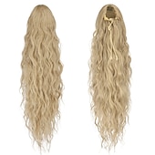 voordelige Paardenstaarten-lang krullend golvend trekkoord paardenstaart extensions clip in golvend synthetische haarstukken trekkoord paardenstaarten haarstuk paardenstaart extensie voor vrouwen asblond 26 inch