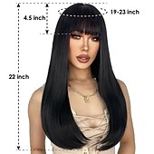 economico Parrucche trendy sintetiche-parrucche nere per donna parrucca lunga diritta con frangia parrucche di capelli neri parrucca sintetica da donna resistente al calore per l&#039;uso quotidiano nelle feste 22 pollici