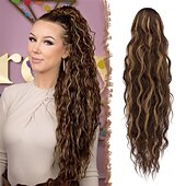 voordelige Paardenstaarten-lang krullend golvend trekkoord paardenstaart extensions clip in golvend synthetische haarstukken trekkoord paardenstaarten haarstuk paardenstaart extensie voor vrouwen asblond 26 inch