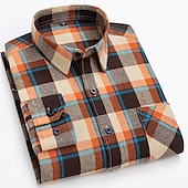 cheap Men&#039;s Non Iron Shirts-Men&#039;s Shirt Dress Shirt Plaid Office &amp; Career Wedding Party Red Navy Blue Blue Orange Long Sleeve Lapel Spring &amp;  Fall Clothing Apparel Front Pocket