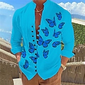 economico Uccelli &amp; Animali-Per uomo Farfalla Camicia Manica lunga Informale Da tutti i giorni Per uscire Fine settimana Primavera estate Colletto Mao Stampa Bottone giù Nero Bianco Blu Viola Fucsia