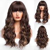 voordelige Synthetische trendy pruiken-zwarte pruik met pony voor vrouwen lang golvend haar pruik zwarte pruik krullend golvend synthetische pruiken voor meisjes dagelijks feestgebruik