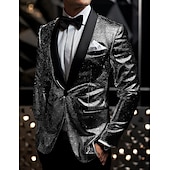 billiga Herrars klassiska kavajer-Herr Studenten Kavaj Företag Cocktailfest Bröllopsfest Mode Ledigt Vår &amp; Höst Polyester Paljett Knappar Ficka Bekväm Enkelknäppt Blazer Silver Svart Vinröd Kungsblå