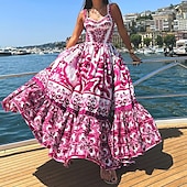 abordables Robes de vacances-robe décontractée pour femme imprimé plantes col carré robe longue robe maxi classique fête rendez-vous sans manches été printemps