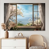 abordables Impresiones de Paisajes-Paisaje pared arte lienzo ventana falsa primavera flores de cerezo impresiones y carteles fotos tela decorativa pintura para sala de estar fotos sin marco