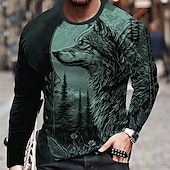 cheap Halloween T shirts-Men&#039;s Graphic Animal Wolf T Shirt Long Sleeve T shirt 3D Print Crew Neck Shirt Fashion Designer Casual Sports Outdoor Holiday Going out Blue Purple Brown Spring &amp;  Fall Clothing Apparel S M L XL 2XL