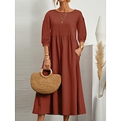 Недорогие Основные искусственные платья-Жен. Платье средней длины Искусственный хлопок и лен Платье прямого кроя Свободное платье Однотонный Классический На каждый день Отпуск Подарок Праздники Свободное облегание Рукав 3/4 Вырез под горло