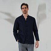 levne luxusní lněné košile-100% len Kapsy Pánské Košile plátěná košile Černá Bílá Námořnická modř Dlouhý rukáv Bez vzoru Stojáček Jaro &amp; podzim Venkovní Denní Oblečení