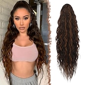 voordelige Paardenstaarten-lang krullend golvend trekkoord paardenstaart extensions clip in golvend synthetische haarstukken trekkoord paardenstaarten haarstuk paardenstaart extensie voor vrouwen asblond 26 inch
