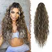 voordelige Paardenstaarten-lang krullend golvend trekkoord paardenstaart extensions clip in golvend synthetische haarstukken trekkoord paardenstaarten haarstuk paardenstaart extensie voor vrouwen asblond 26 inch