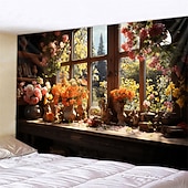 Недорогие пейзаж гобелен-цветы на окне настенный гобелен настенное искусство большой гобелен фреска декор фотография фон одеяло занавеска для дома спальня гостиная украшения