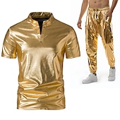 levne oblečení-sada s lesklým kovovým tričkem jogger kalhoty 2 ks outfity pánské disco 80. léta cvičení cosplay kostým maškarní karneval párty klub