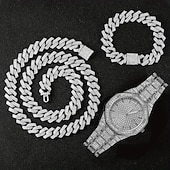 cheap Quartz Watches-3pcs/set HipHop Mens Rhinestone Watch &amp; Necklace &amp; Bracelet Set, Christmas Gift