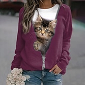 baratos Animais Tops-moletom feminino plus size, pulôver, gato, rua, casual, esportivo, básico, gola redonda, manga comprida, top microelástico, outono&amp;amp;tecido macio respirável e confortável para o inverno