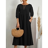 Недорогие Основные искусственные платья-Жен. Платье средней длины Искусственный хлопок и лен Платье прямого кроя Свободное платье Однотонный Классический На каждый день Отпуск Подарок Праздники Свободное облегание Рукав 3/4 Вырез под горло