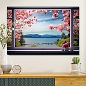 billige Landskapstrykk-landskap veggkunst lerret falskt vindu våren kirsebærblomster trykk og plakater bilder dekorativt stoff maleri til stuen bilder uten ramme