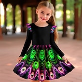cheap 3D Shining Vision Dress-Girls&#039; 3D Feathers Ruffle Dress Long Sleeve 3D Print Fall Winter Sports &amp; Outdoor Daily Holiday Cute Casual Beautiful Kids 3-12 Years Casual Dress A Line Dress Above Knee Polyester Regular Fit