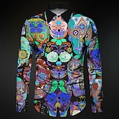 cheap Vintage Shirt-Men&#039;s Skull Geometric Pattern Shirt Button Up Shirt Long Sleeve Abstract Gothic Carnival Daily Wear Going out Fall &amp; Winter Turndown Print Button-Down Red Blue Purple Green Light Grey